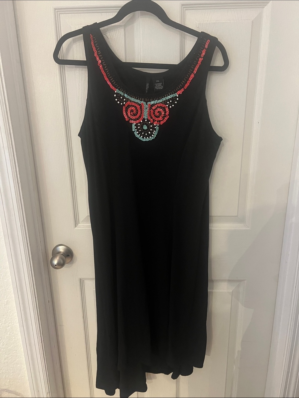 new directions Black Midi Asymmetrical Dress with Coral & Teal Sequins and Beads
